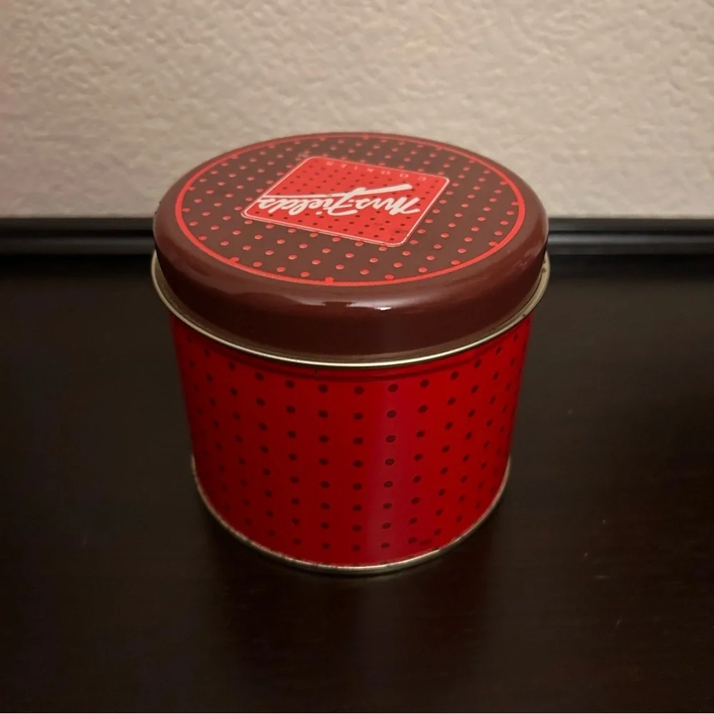 Rare Vintage Mrs Fields cookies tin with polka dot design 4” diameter 4” tall